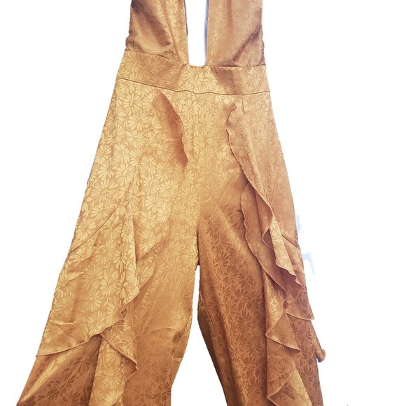 One33 Social Jumpsuit Yellow Orange Satin Floral Crossover Halter Ruffles 6 - Picture 7 of 12